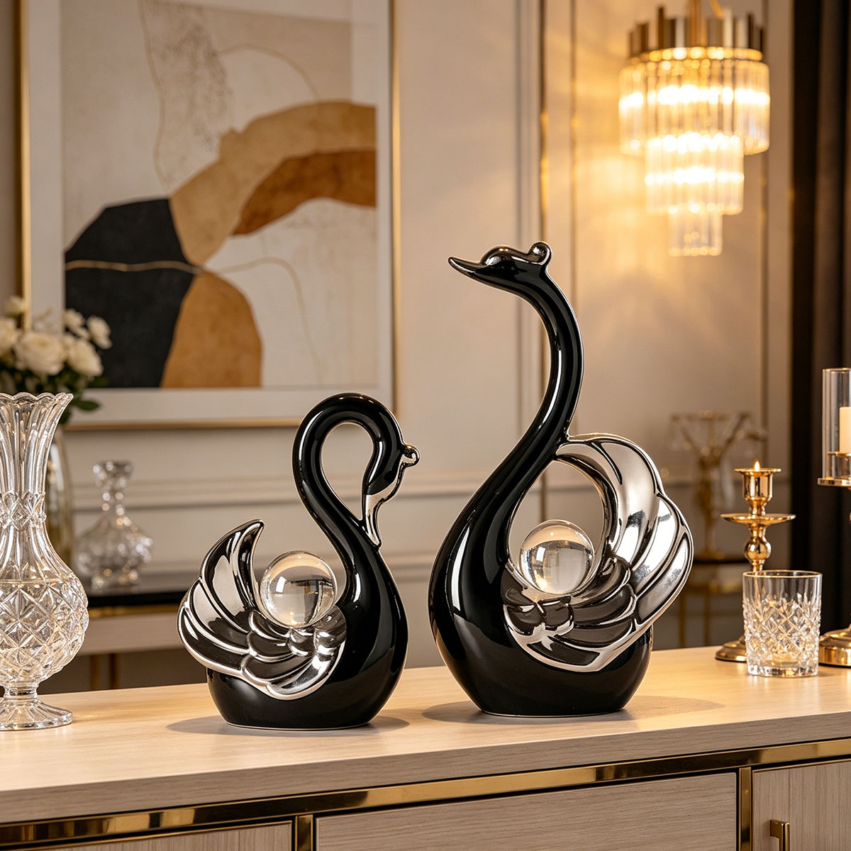 Ceramic Couple Swan Ornament W - Interior Design Apartment avis et prix