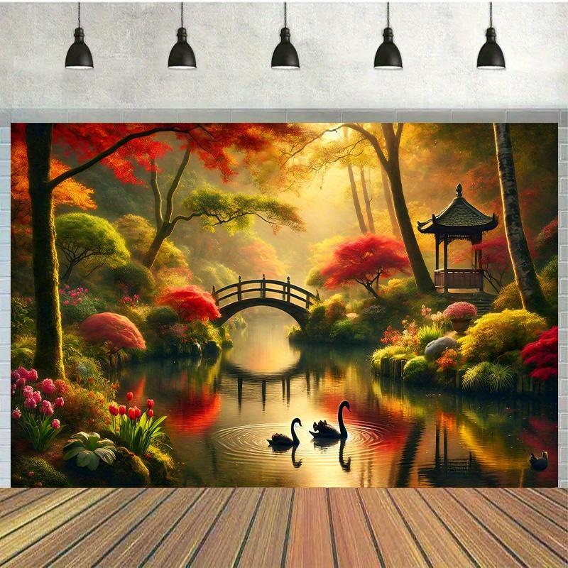 Autumn Garden Bridge Swans Wal - Interior Design With Wallpaper avis et prix