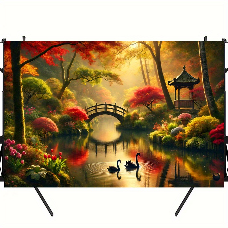 Autumn Garden Bridge Swans Wal - Interior Design With Wallpaper avis et prix