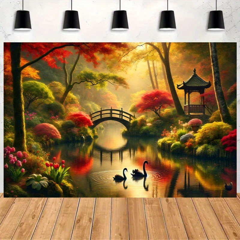 Autumn Garden Bridge Swans Wal - Interior Design With Wallpaper avis et prix